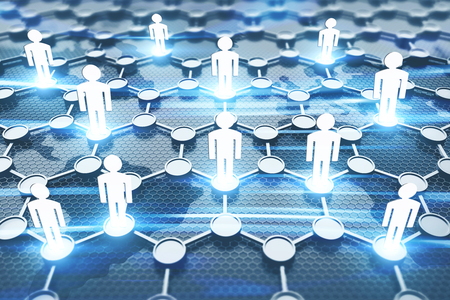 White people figures standing on hexagonal mesh over world map background. Concept of connection and...