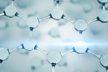 Close up of blue molecules forming hexagonal structure over blue background with other molecules....