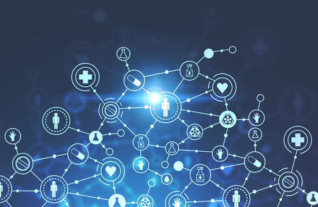 Immersive medical icons network interface over dark blue background. Concept of healthcare. 3d rendering toned image double exposureの写真素材