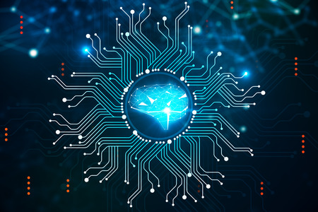 Blue brain interface inside a circle with circuits around it over dark blue background. Ai concept. 3d rendering toned image double exposureの写真素材