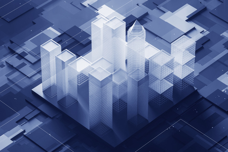 Close up of city model standing on gray motherboard. Concept of hi tech in architecture and digital...