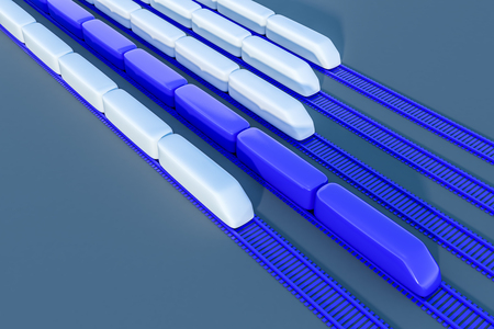 White and blue train models on blue rails placed diagonally over dark gray background. Concept of transportation and speed. 3d renderingの写真素材