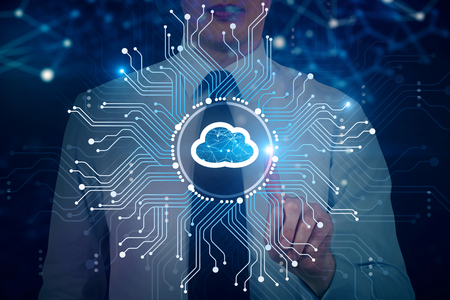 Portrait of unrecognizable businessman in white shirt using immersive cloud computer interface over dark blue background. Toned image double exposureの写真素材