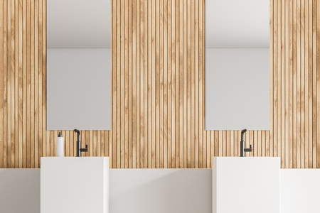 Square double sink with two vertical mirrors standing in modern bathroom with white and wooden walls. Concept of interior design. 3d renderingの写真素材