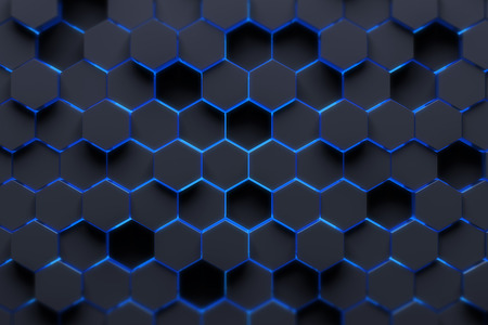 Abstract background made of black hexagons of different height with blue edges. Concept of...