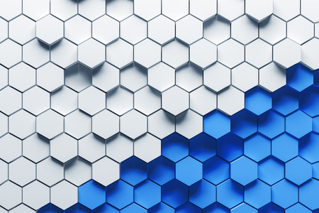 Abstract background made of white and blue hexagons of different height. Concept of creativity and art. 3d renderingの写真素材