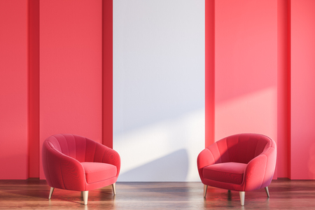 Interior of minimalistic living room with white and pink walls, wooden floor and two pink armchairs on wooden legs. 3d renderingの写真素材