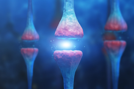 Abstract image of three pink and white vertical neurons over blue background with nervous cells. Concept of science and medicine. 3d renderingの写真素材