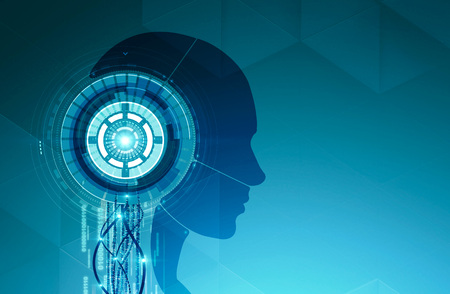 Side view of robot head silhouette with wires, immersive HUD interface and lines of code over green...