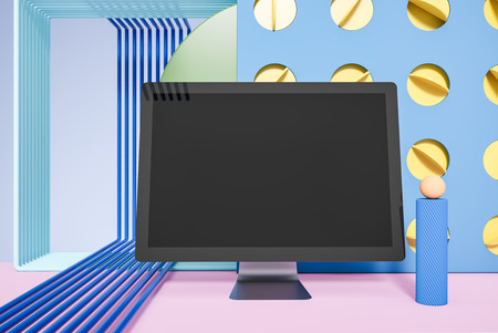 Computer monitor standing on pink surface over abstract background with blue pipes and geometric shapes. 3d renderingの写真素材