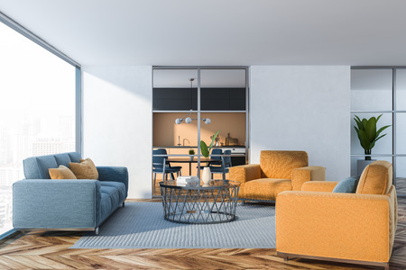 Side view of stylish living room with white walls, wooden floor, panoramic window and blue sofa with...