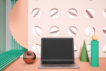 Modern laptop standing on beige surface over abstract background with pipes and geometric figures. 3d renderingの写真素材