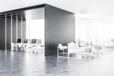 Corner of open space office with white and gray walls, stone floor, rows of white computer tables with white chairs and manager office in background. 3d renderingの写真素材