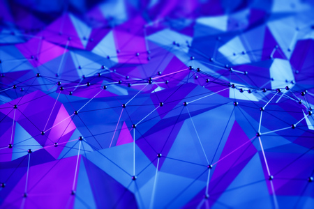 Abstract background made of blue, dark blue and purple triangles with wires and small spheres....