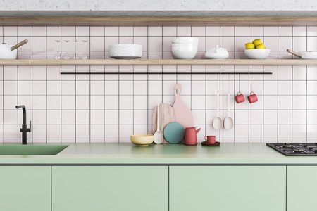 Modern disign kitchen interior with window. 3d Render.の写真素材