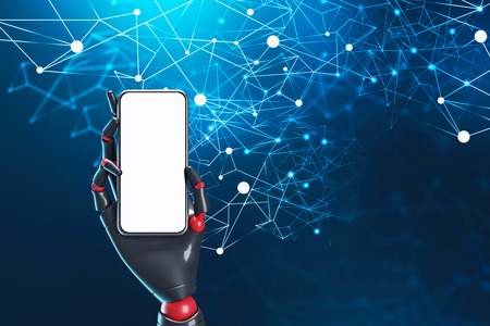 Robot hand holding smartphone with mock up screen over dark blue background with network hologram. Concept of machine learning and AI. 3d rendering toned imageの写真素材