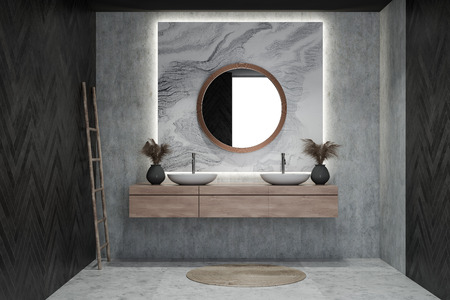 Modern design bathroom interior with circle mirror. 3d rendering