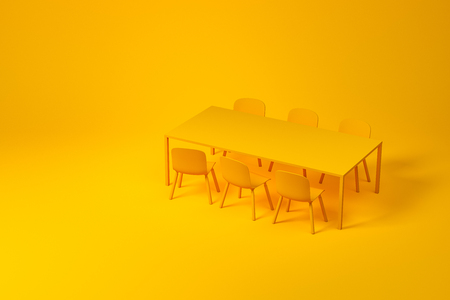 Set of dining room furniture consisting of yellow long rectangular table with simple chairs over yellow background. Concept of design. 3d rendering mock upの写真素材