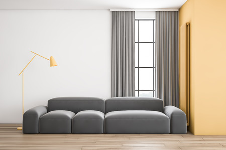 Interior of yellow and white living room with gray comfortable couch with stylish floor lamp near...