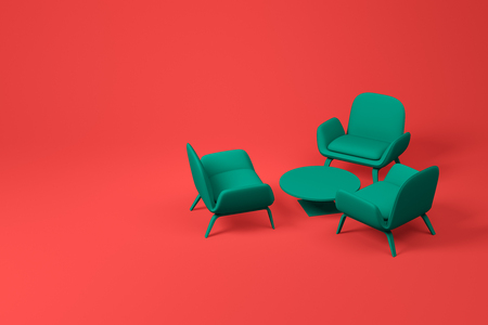 Set of lounge or living room furniture consisting of three green armchairs and round coffee table over red background. Concept of design. 3d rendering mock upの写真素材