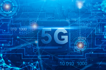 5G and telecommunication words with double exposure of network hologram and HUD interface. Concept...
