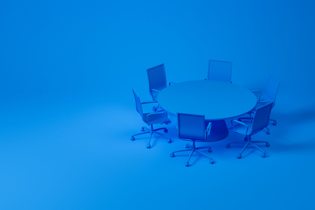 Set of meeting room furniture consisting of blue round table with office chairs over blue background. Concept of design. 3d rendering mock upの写真素材