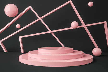 Pink empty product showcase podium over black background with geometric figures and spheres. Concept of marketing and advertising. 3d renderingの写真素材