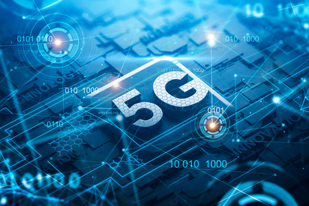 Black circuit board with 5G and telecommunication words and double exposure of blue HUD interface....
