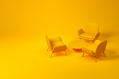 Set of lounge or living room furniture consisting of three yellow armchairs and round coffee table over yellow background. Concept of design. 3d rendering mock upの写真素材
