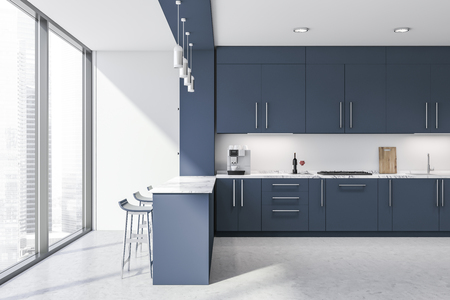Interior of loft kitchen with white walls, concrete floor, dark blue countertops with cooker and sink and bar area with stools. 3d renderingの写真素材