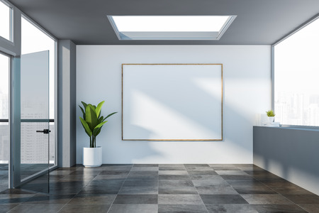 Mock up horizontal poster hanging on white empty office wall. Large window and open door to balcony. Concept of advertising. 3d renderingの写真素材