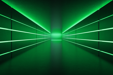 Futuristic empty corridor with green neon lights. Concept of sci fi and interior design. 3d renderingの写真素材