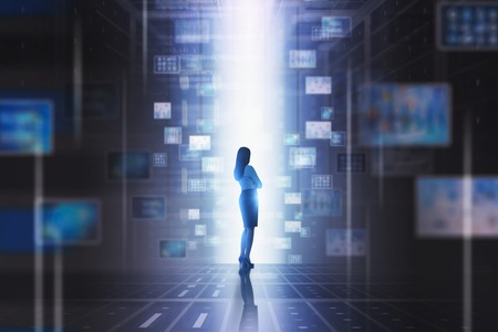 Woman using virtual telecommunication digital interface. Concept of computer engineering, modern...