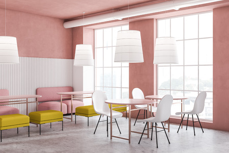 Bright pink and white cafe interior with pink sofas, yellow benches and white chairs standing near pink oblong and round tables. 3d renderingの写真素材