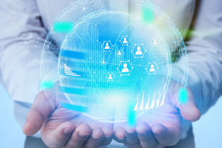 Businessman in white shirt holding social network hologram. Concept of social connection in business...