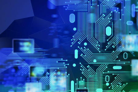 Abstract blue digital background with circuits and blurred screens. Concept of hi tech and computer...