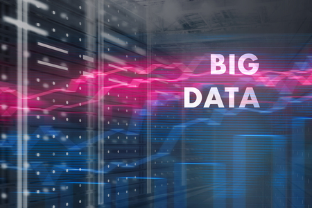 Abstract background with server room interior and big data text written over blue and red glowing graphs. Concept of cloud computing and hi tech. 3d rendering toned image double exposureの写真素材