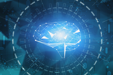 Abstract blue background with circuits and glowing brain HUD interface. Concept of artificial...