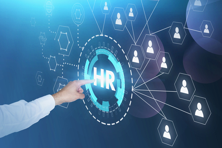 Man hand in white shirt using HR and social connection HUD virtual screen. Concept of recruitment and hi tech. Toned imageの写真素材
