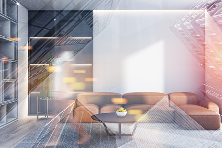 Young woman walking in modern living room with white walls, leather sofa near round coffee table and white bookshelves. Toned image double exposure blurredの写真素材