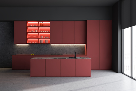 Interior of gray kitchen with concrete floor, red cabinets and shelves with dishes, countertops with built in cooker and island with sink. 3d renderingの写真素材