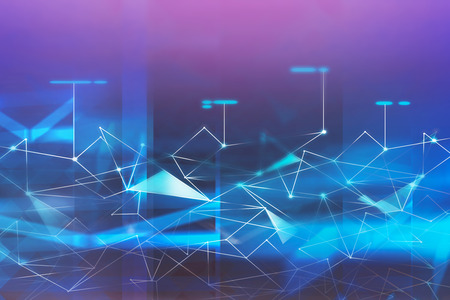 Abstract blue polygonal background. Concept of network and digital technology. Glowing hologram over...