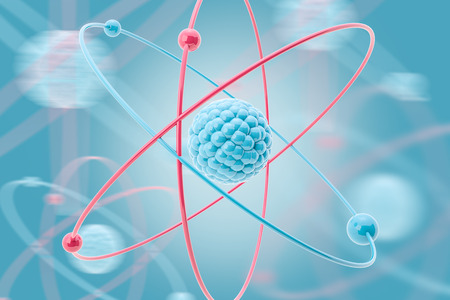 Bright pink and blue atom model over blurred background with other atom models. Concept of science....