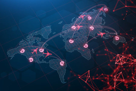 International flights for travel, logistics and business concept of world map. Transportation and...