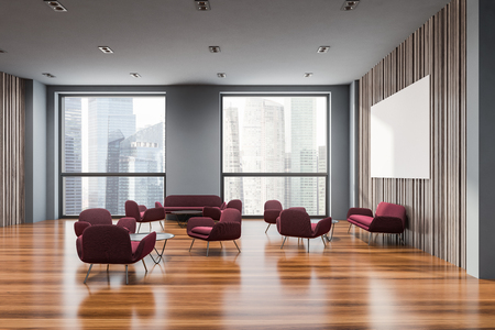 Office waiting area with gray and wooden walls, wooden floor, large windows with cityscape and red sofas and armchairs near round coffee tables. Horizontal mock up poster on wall. 3d renderingの写真素材