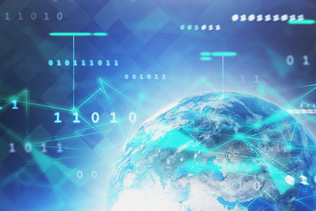 Hologram of Earth with double exposure of network interface and binary numbers. Concept of hi tech...