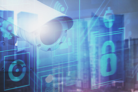 Concept of surveillance and monitoring. Digital interface of smart city and CCTV camera over blurred cityscape background. 3d rendering toned image double exposureの写真素材