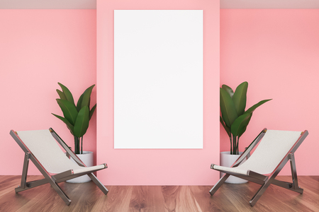 Interior of minimalistic living room with pink walls, wooden floor, two white chairs and vertical mock up poster between them. 3d renderingの写真素材