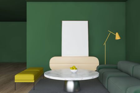 Interior of bright living room with green walls, wooden floor, green sofa and yellow bench near marble coffee table and yellow cabinet with mock up poster on it. 3d renderingの写真素材