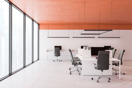 Interior of panoramic open space office with white walls, orange ceiling, tiled floor and rows of white computer tables with gray chairs. Concept of teamwork. 3d renderingの写真素材